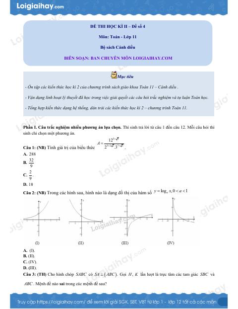 Đề thi học kì 2 Toán 11 Cánh diều - Đề số 4
